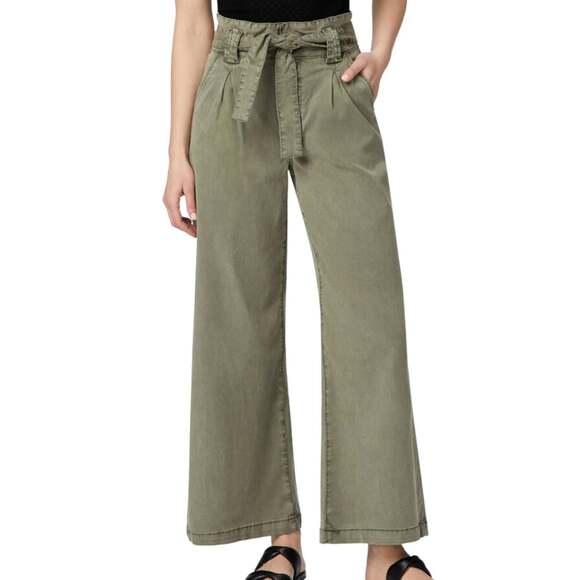 Paige Denim - Paige Harper High Rise Paperbag Belted Wide Leg Pants Ivy Green Lyocell Size 31